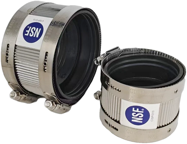 No-hub couplings with stainless shields and NSF labels