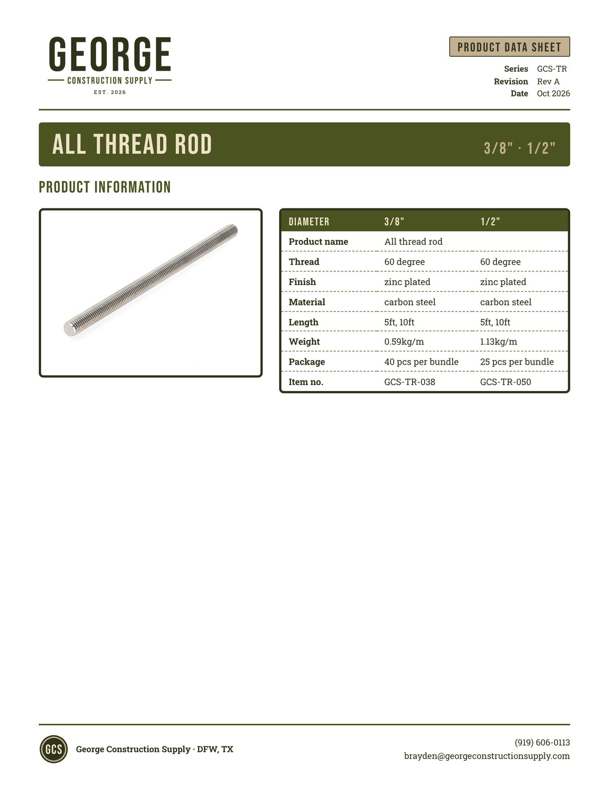 All-Thread Rod product data sheet, George Construction Supply, series GCS-TR