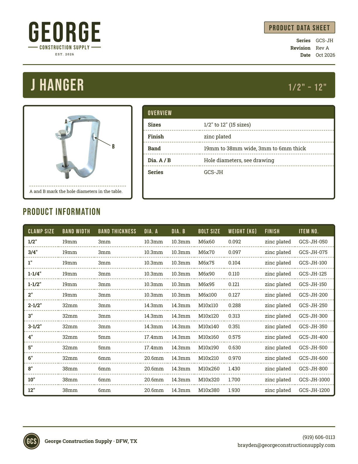 J-Hanger product data sheet, George Construction Supply, series GCS-JH