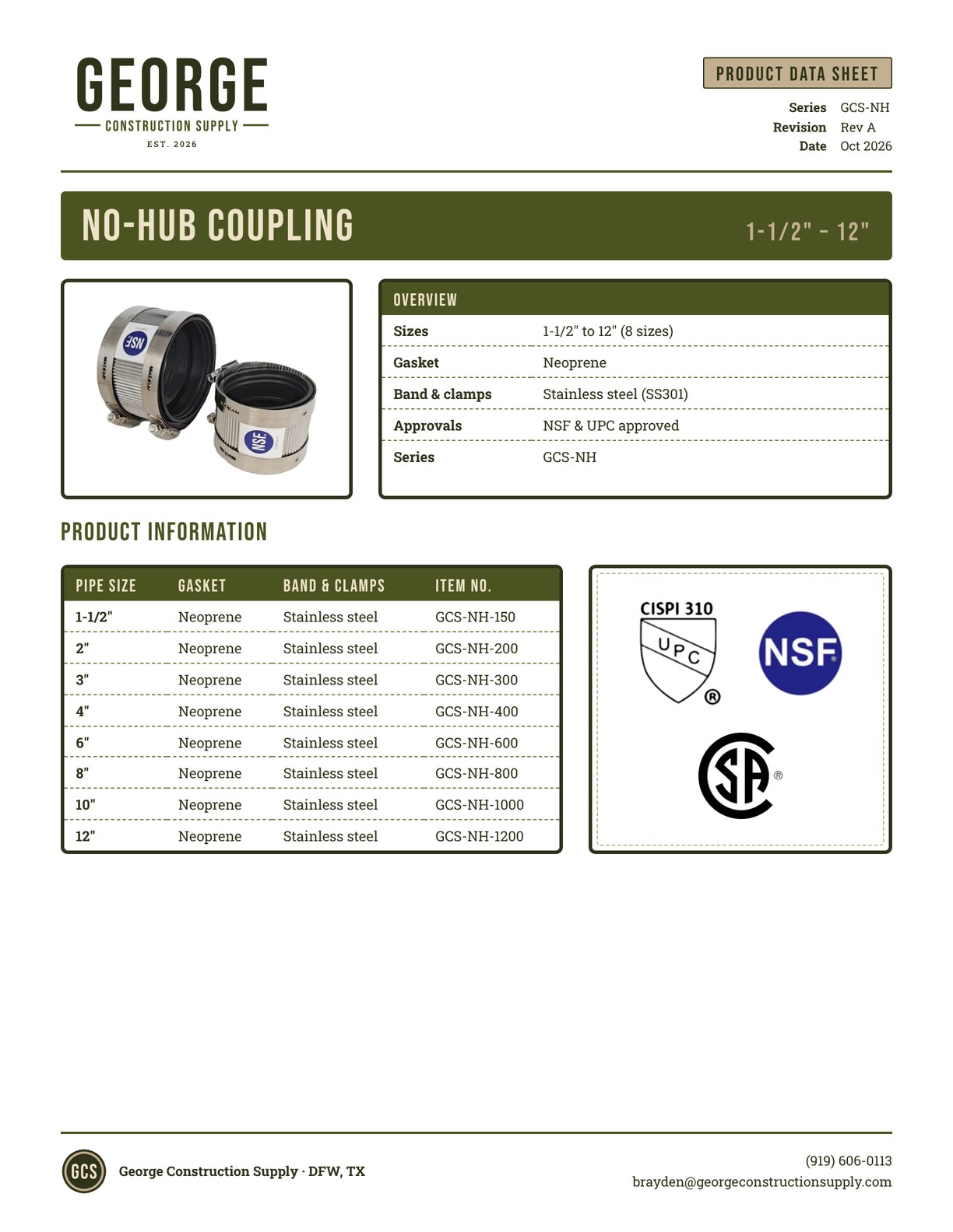 No-Hub Coupling product data sheet, George Construction Supply, series GCS-NH