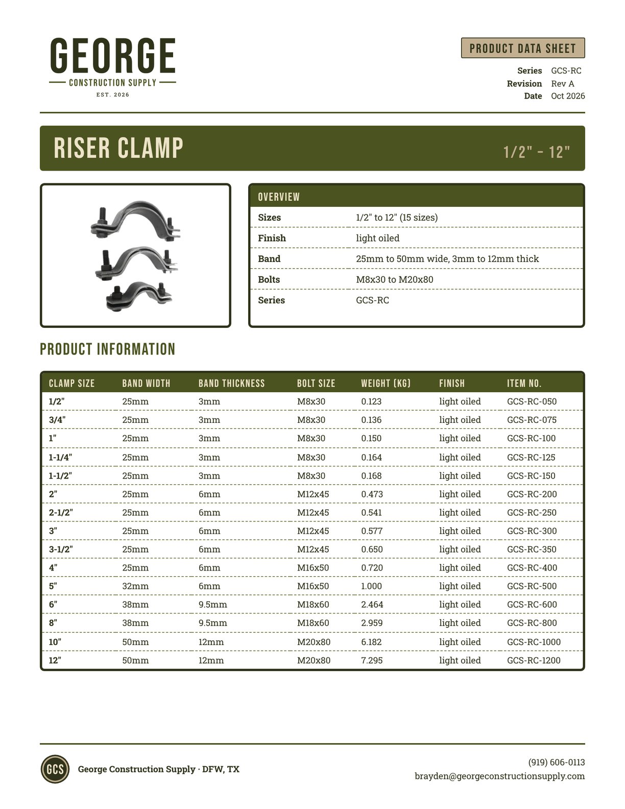 Pipe Riser Clamp product data sheet, George Construction Supply, series GCS-RC